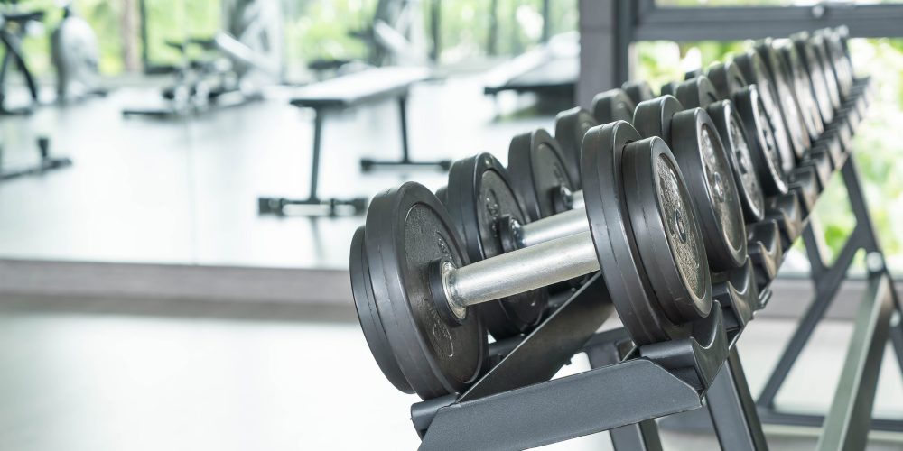 View of rows of dumbbells on a rack in a gym